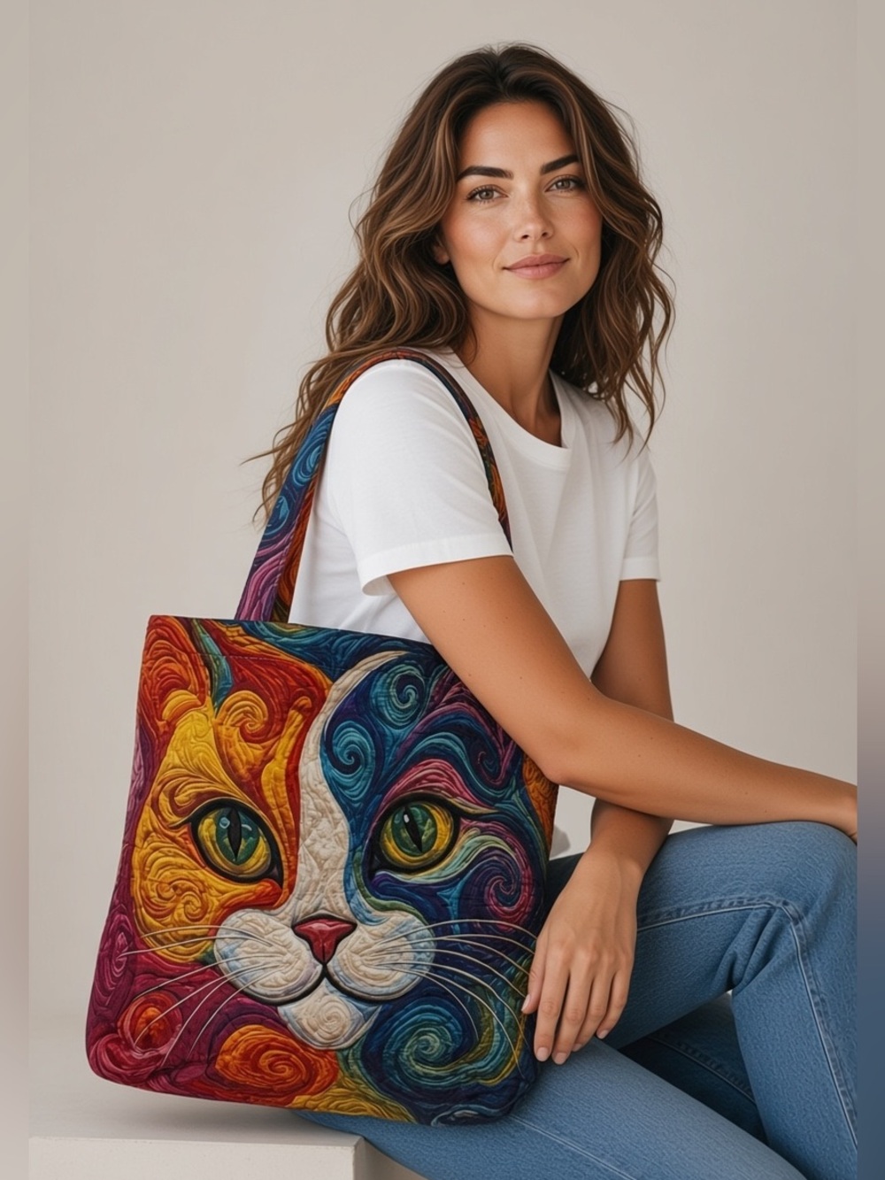 🐈 Vivid Artistic Cat Quilted Tote Bag – Colorful Swirl Shoulder Bag